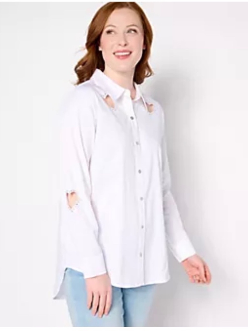 Attitudes by Renee White Button Down Long Sleeve Top With Cutout Detail. Sz 2X.